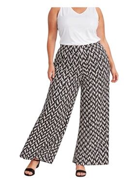 Resort Cruise Palazzo Pants Black White Graphic Wide Leg Pull On 1X